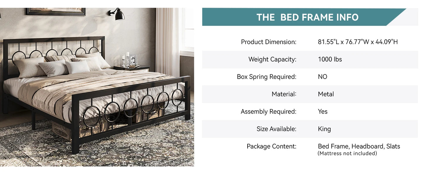 HOOMIC Metal Platform Bed Frame with Vintage Circular Design Headboard and Footboard, Extra Under-Bed Storage Allewie