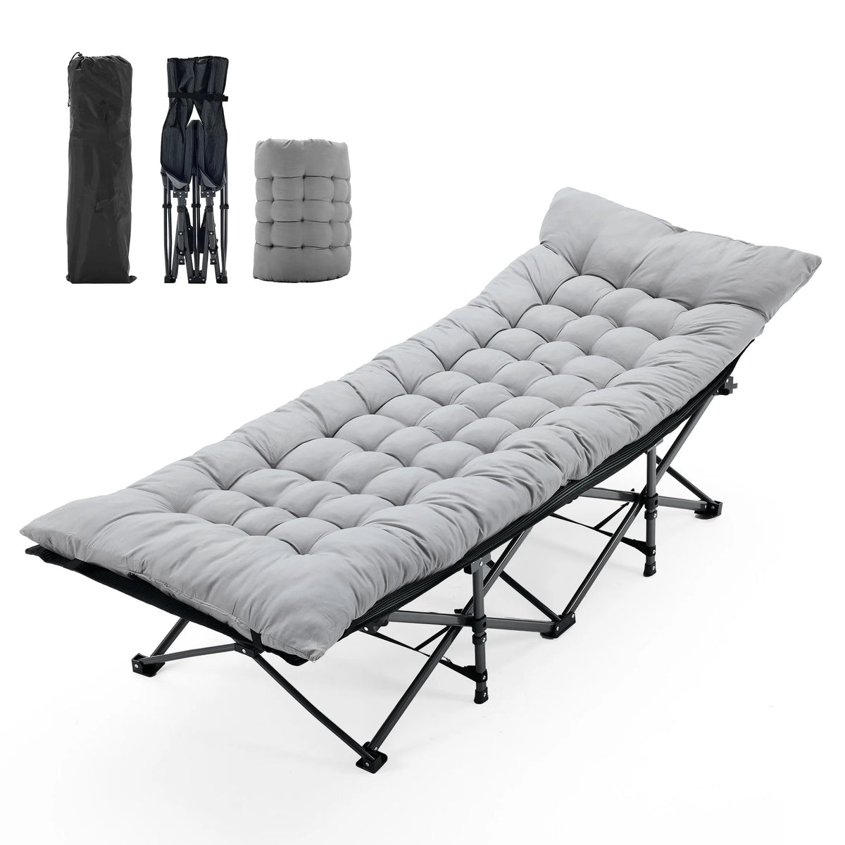 Folding Camping Beach Lounge Chair, Portable 3.5'' Cushion, 440 lbs Sturdy Frame Compact Carry With Storage Bed for Outdoor