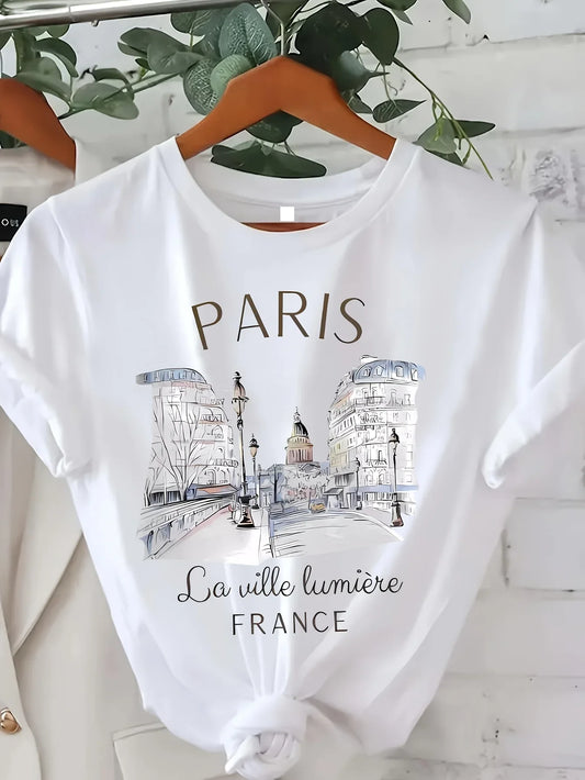 90s Paris Women Print T-shirt Girl Short Sleeve Crew Neck Casual Top for Summer Spring Women's Clothing