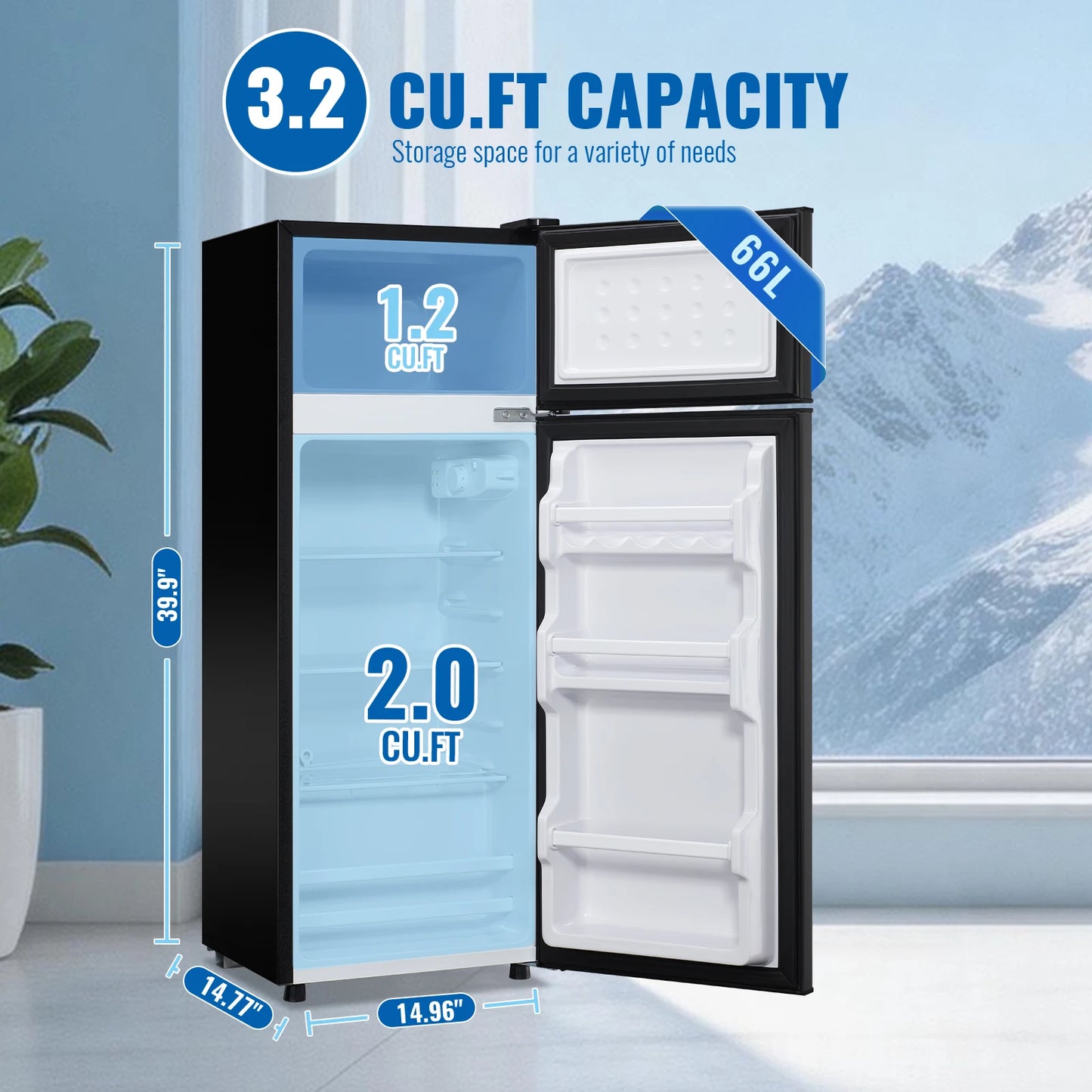 Mini Refrigerator with Top Freezer 66 Liter Dual Door, with 7-Level Adjustable Thermostat for Office, BLACK