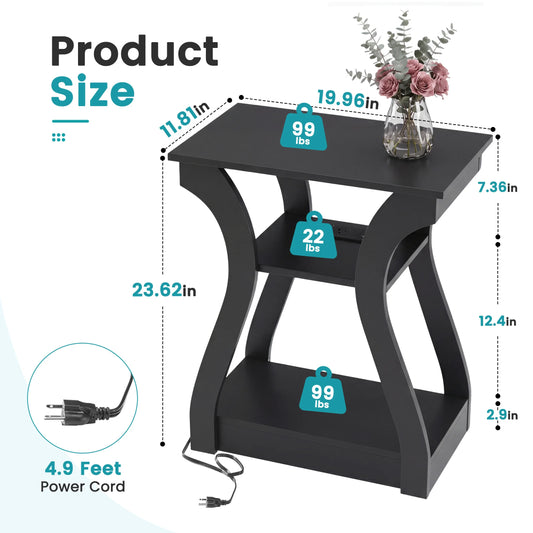 3 Tier Curved Living Room Cabinet End Table with Charging Station, Storage Shelf with USB Type-C Port AC Outlets for Bedroom
