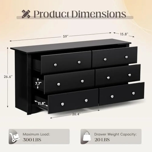 Black Dresser for Bedroom, 6 Wood Dresser Drawers, Wide Chest of Drawers Storage, Tower Unit Modern Design for Bedroom Living Room