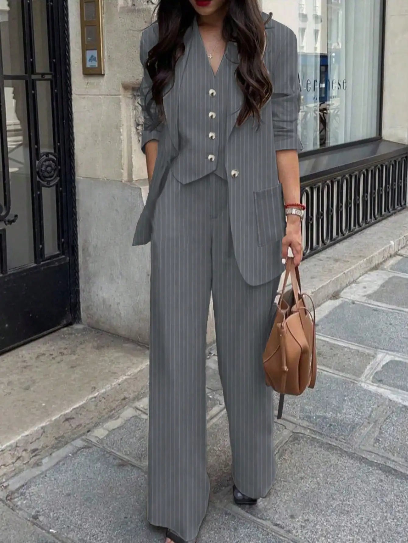 3 Piece Sets Women's Casual Striped Jacket, Pants, Vest 3-Piece Suit Set, Spring/Summer
