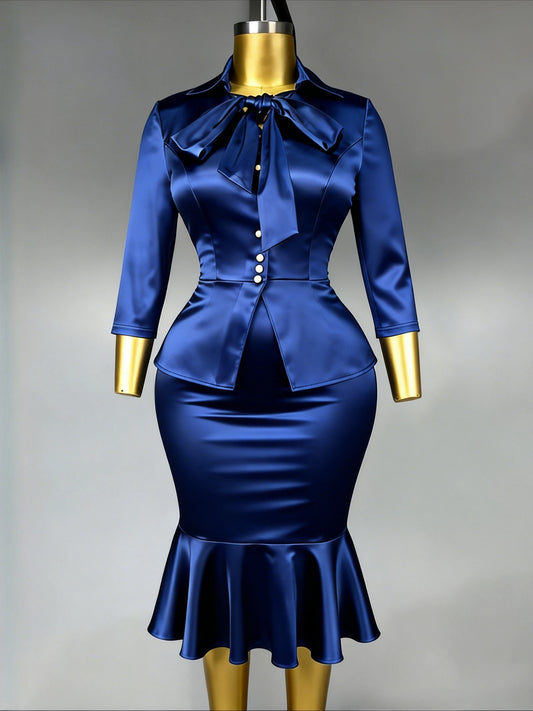 Elegant Satin Two Piece Set Bow Tie Puff Sleeves Blouse Package Hip Mermaid Skirt Weddings Office Church Formal Events Gowns