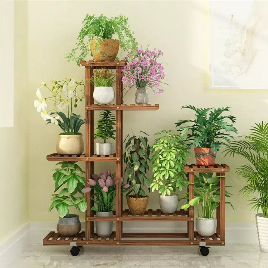 Multi-Layer Wood Plant Stand Rack, Outdoor Indoor Rolling Flower Pot Holder with Wheels