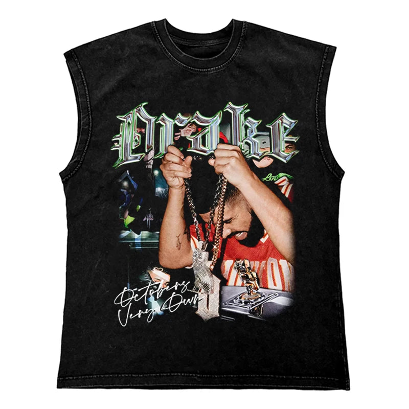 Washed Hip Hop Streetwear Men T Shirt, Oversized Cotton Graphic Portrait Tank Tops