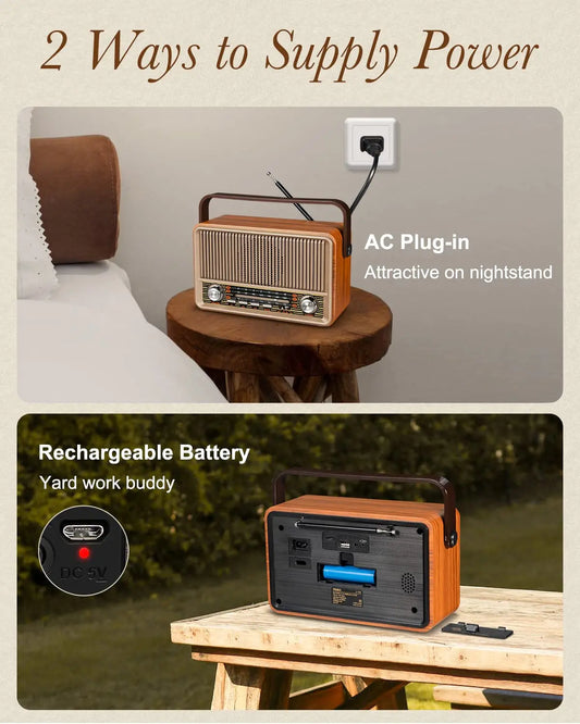 Portable AM FM, Transistor Radio Plug in Wall Powered for Home Outdoor,Retro Vintage Bluetooth Speaker