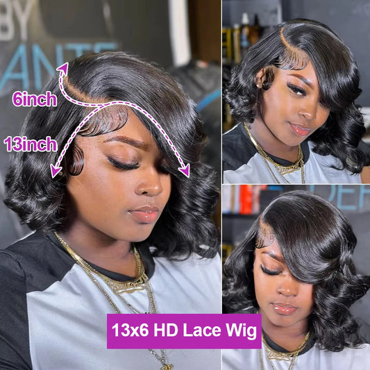 13x4 Glueless Body Wave Short Bob Wig, Human Hair Brazilian Ready To Go Lace Frontal Wig Pre Cut No Glue For Women