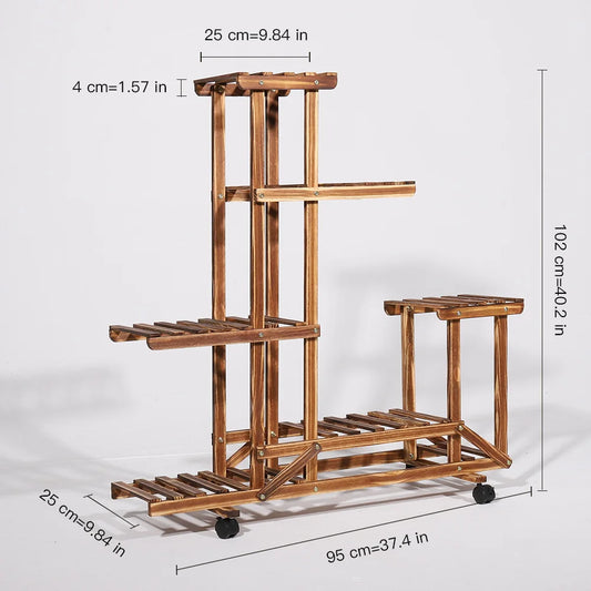 Multi-Layer Wood Plant Stand Rack, Outdoor Indoor Rolling Flower Pot Holder with Wheels