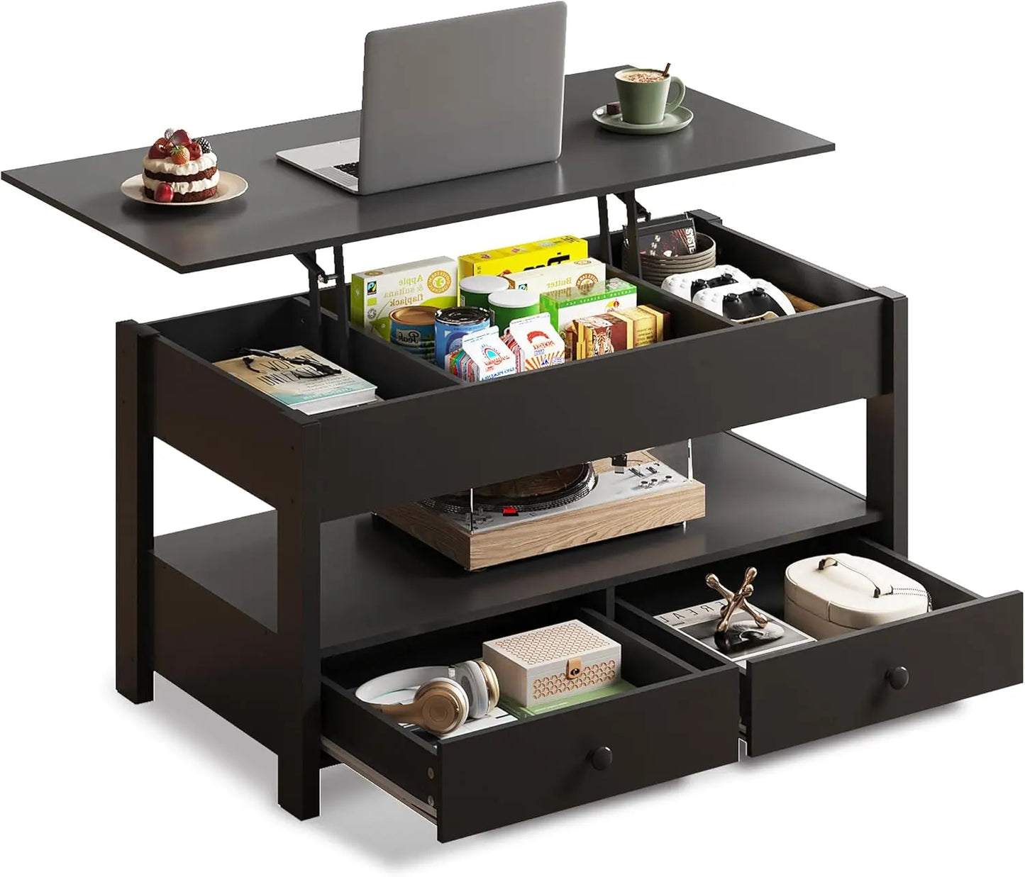 Black Lift Top Coffee Table with 2 Drawers LED Light - Large Storage Open Shelf for Living Room Modern Home Furniture