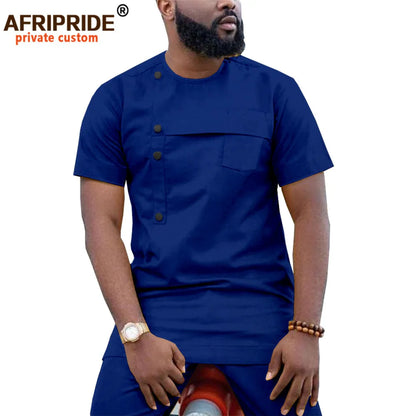 Men Clothing Ankara Pants Set, Dashiki Shirt 2 Piece Outfit, Crop Top Attire Short Sleeve Casual