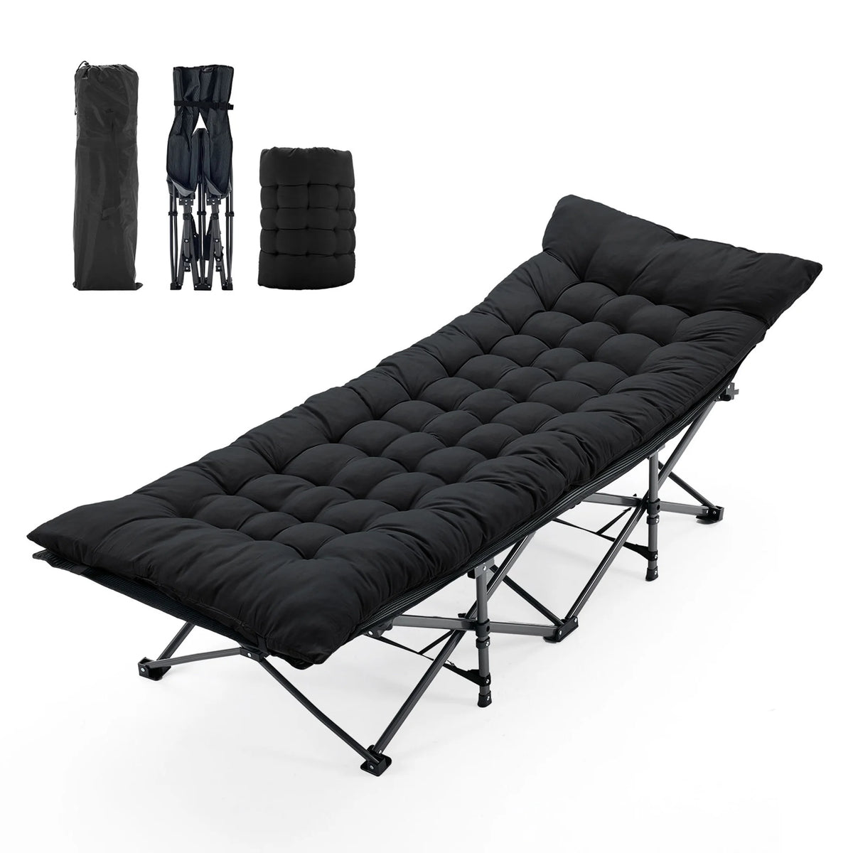 Folding Camping Beach Lounge Chair, Portable 3.5'' Cushion, 440 lbs Sturdy Frame Compact Carry With Storage Bed for Outdoor