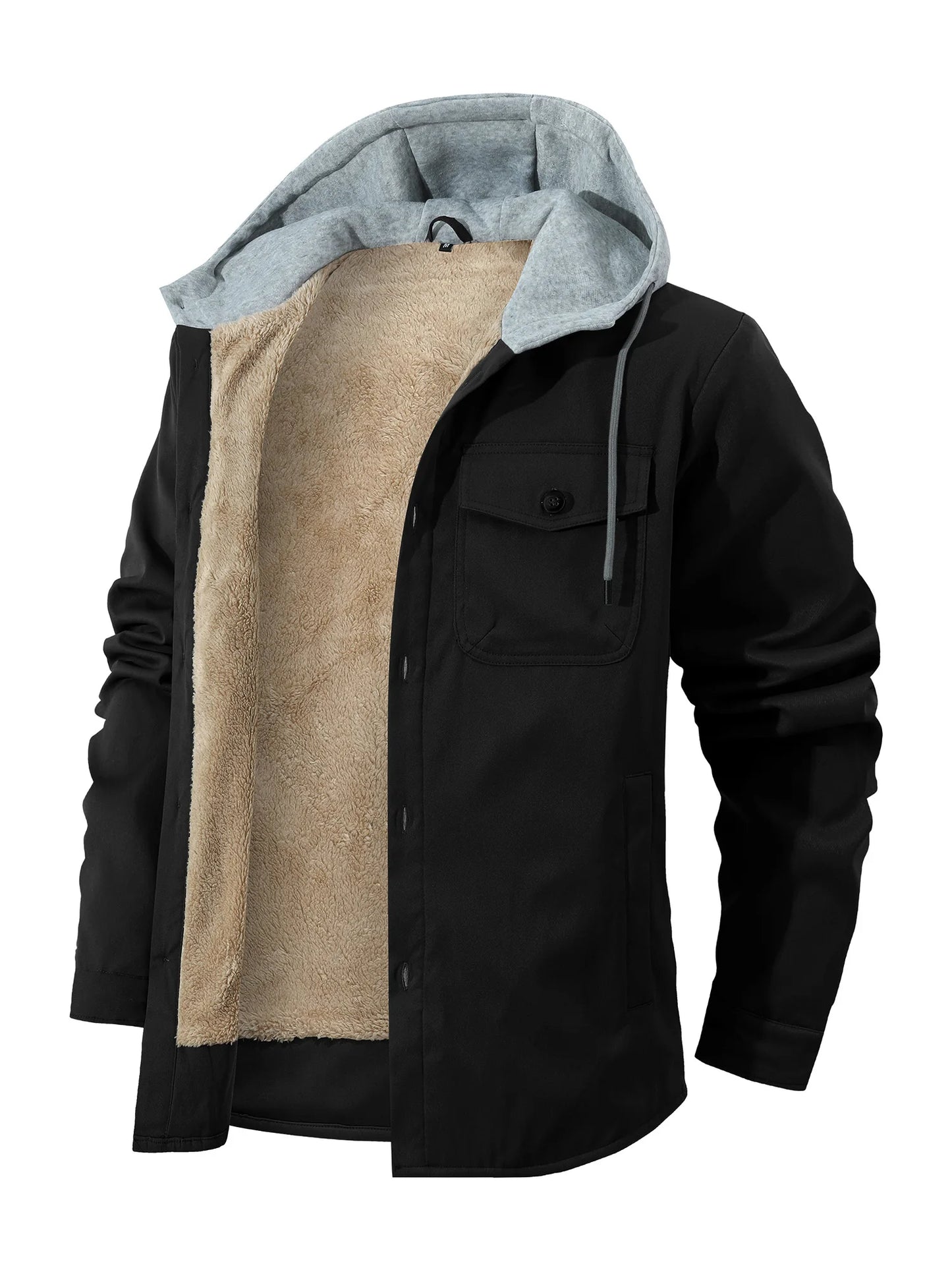 Men's Fleece-Lined Winter Hooded Jacket- Button-Front,  with Dual Chest Pockets,