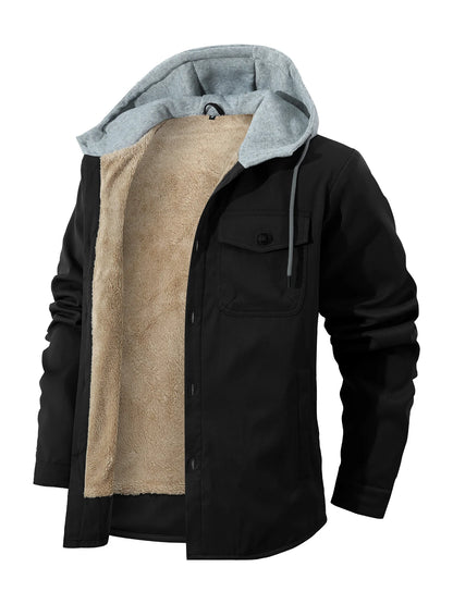 Men's Fleece-Lined Winter Hooded Jacket- Button-Front,  with Dual Chest Pockets,