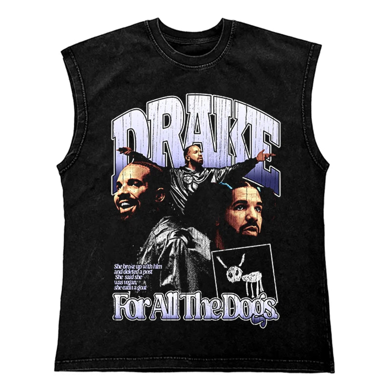 Washed Hip Hop Streetwear  Men T Shirt, Oversized Cotton Graphic Portrait Tank Tops