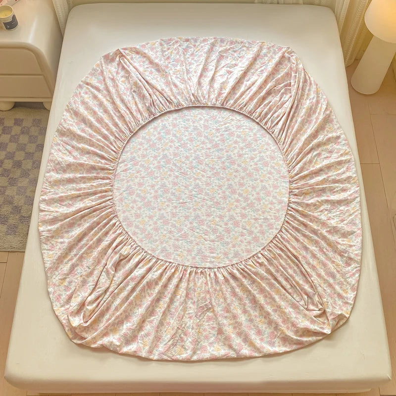 Double Yarn Pure Cotton Fitted Sheet, Soft Comfy Floral Printed Mattress Protector, Grade A Skin Friendly Elastic Bed Sheet
