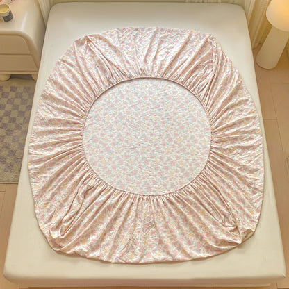Double Yarn Pure Cotton Fitted Sheet, Soft Comfy Floral Printed Mattress Protector, Grade A Skin Friendly Elastic Bed Sheet