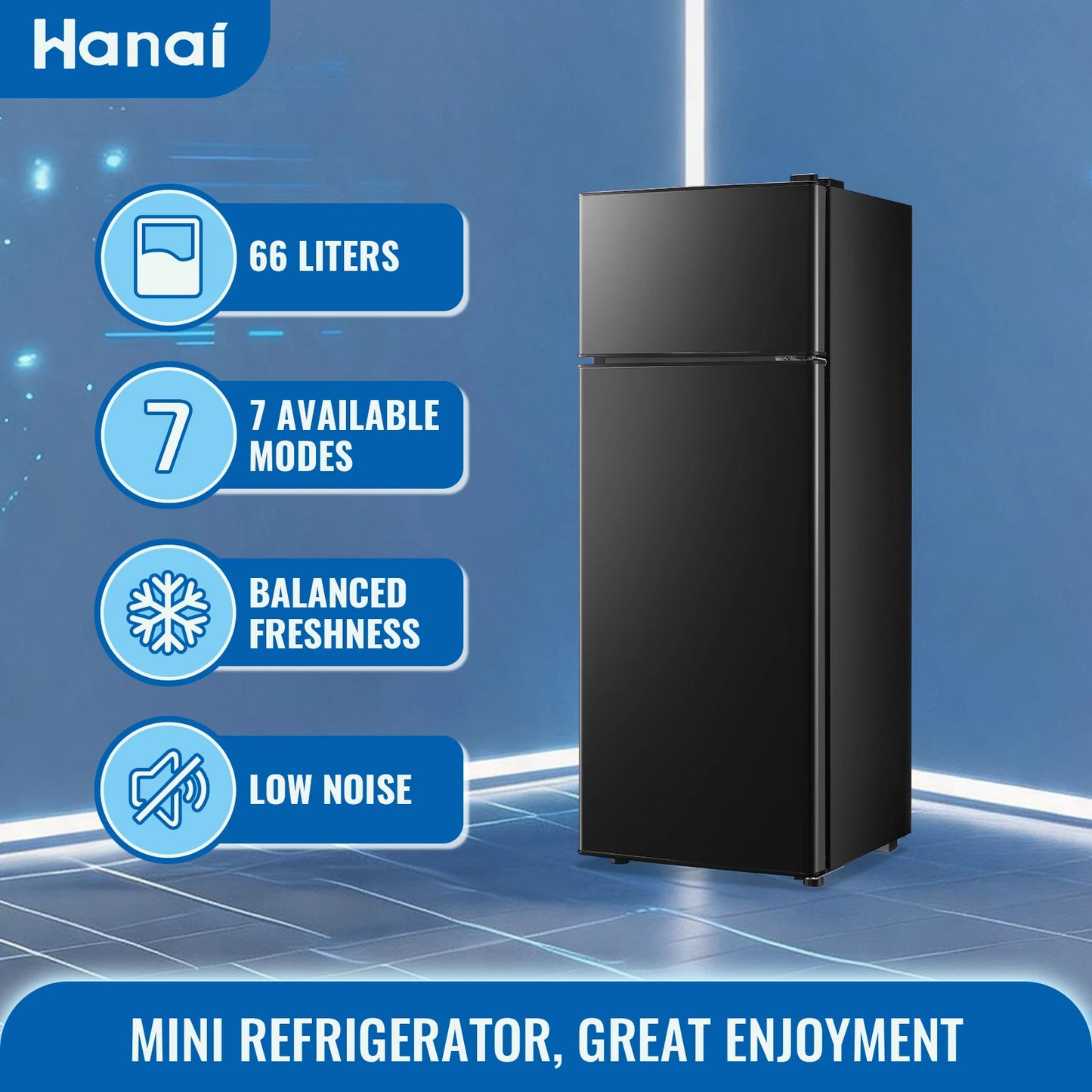 Mini Refrigerator with Top Freezer 66 Liter Dual Door, with 7-Level Adjustable Thermostat for Office, BLACK