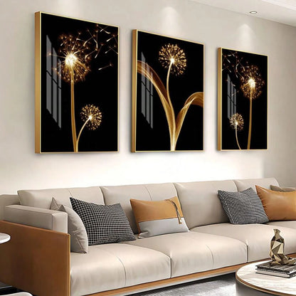 3pcs, Abstract, Golden, Dandelion Luxury Wall Art Canvas Painting, Suitable For Living Room Painting Decor, Unframed, Poster Gifts