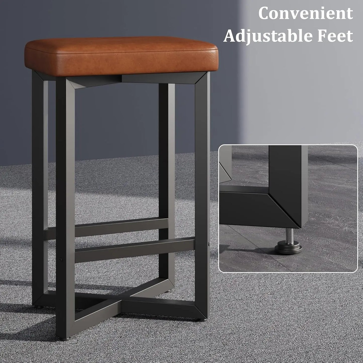 2PCS 24" Bar Stools Set, Counter Height Backless Barstools with Metal X-Frame, PU Leather Seats for Home Kitchen Bar Dining Room