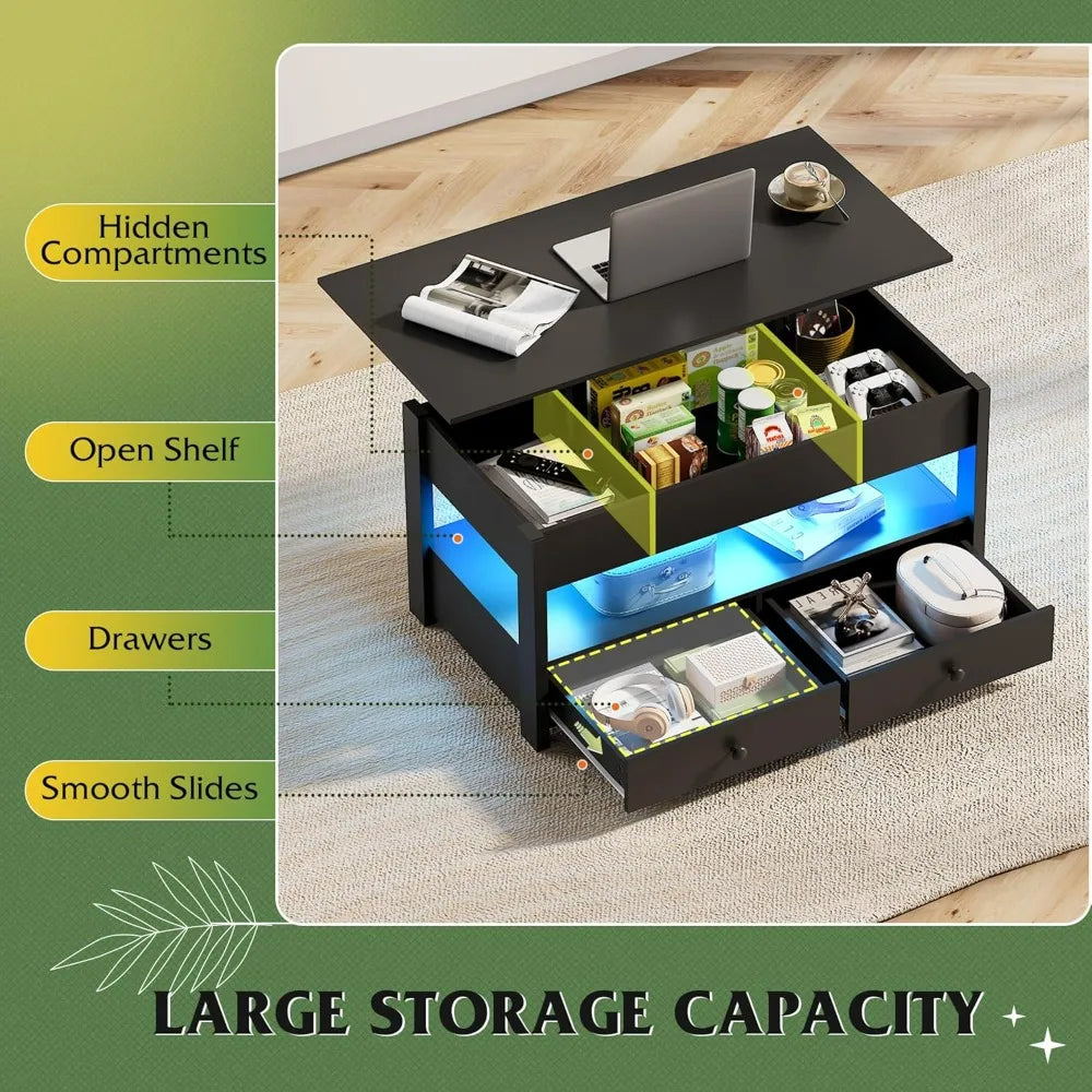 Black Lift Top Coffee Table with 2 Drawers LED Light - Large Storage Open Shelf for Living Room Modern Home Furniture