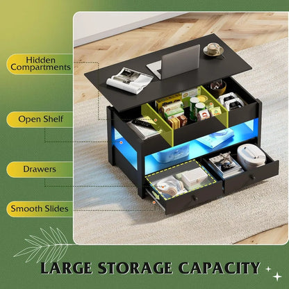 Black Lift Top Coffee Table with 2 Drawers LED Light - Large Storage Open Shelf for Living Room Modern Home Furniture