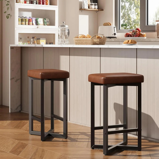 2PCS 24" Bar Stools Set, Counter Height Backless Barstools with Metal X-Frame, PU Leather Seats for Home Kitchen Bar Dining Room