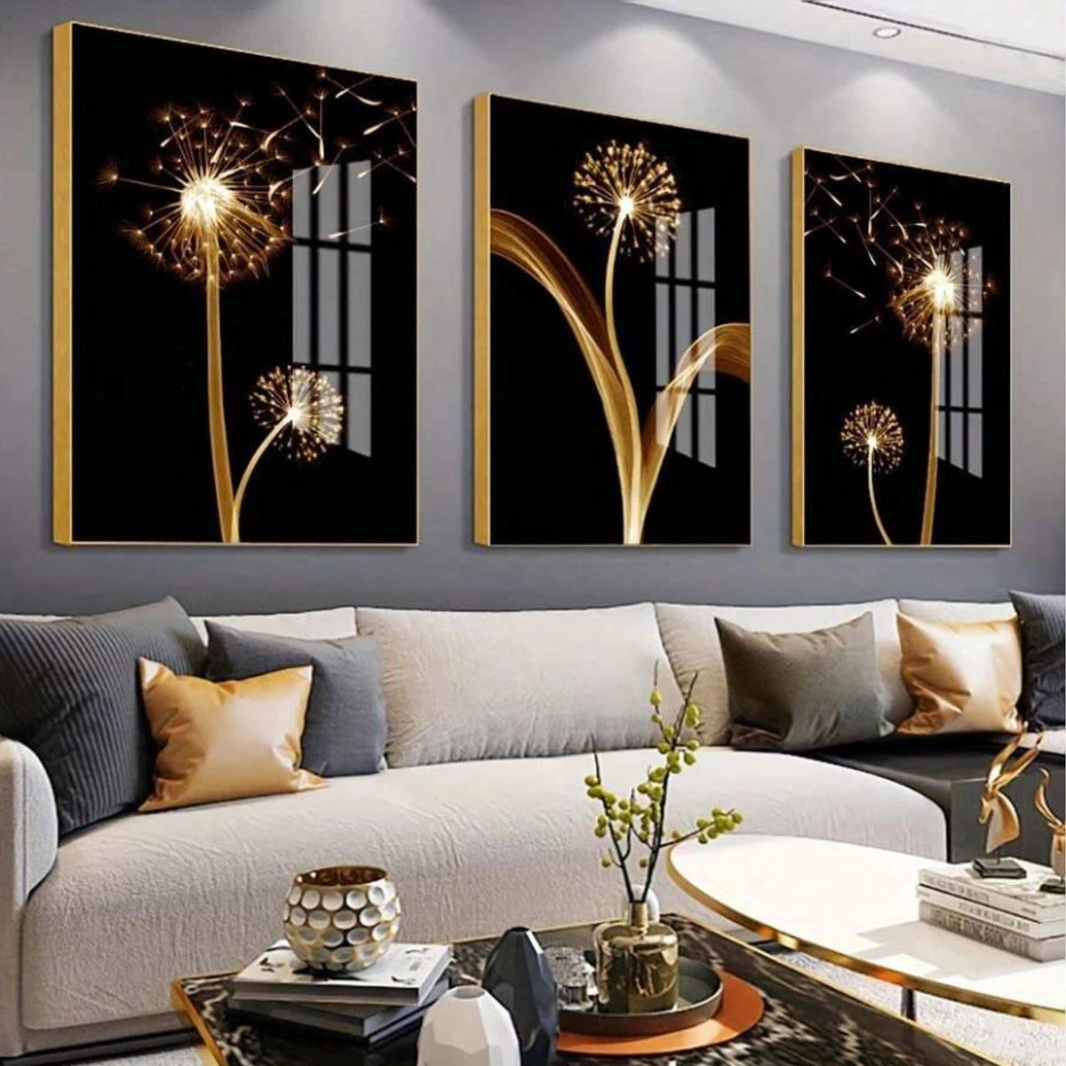 3pcs, Abstract, Golden, Dandelion Luxury Wall Art Canvas Painting, Suitable For Living Room Painting Decor, Unframed, Poster Gifts