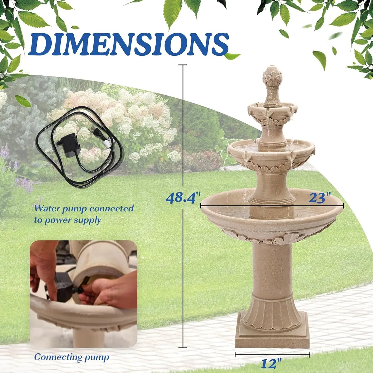 Large Cascading, Resin, Floor Standing Water Fountain, With Pump For Indoor Outdoor Patio Yard, Home Garden Decor