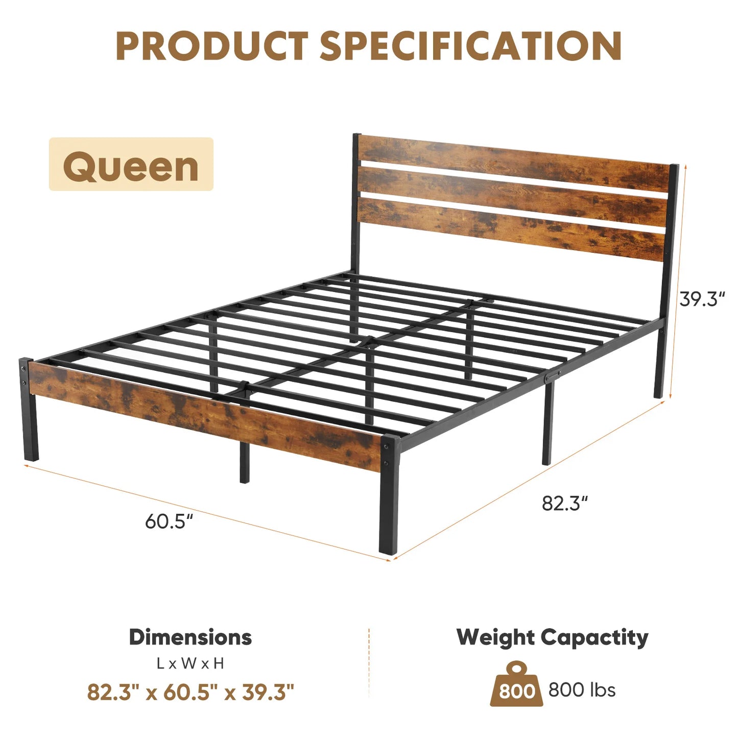 MCQ Wooden Headboard, and Metal Platform Bed Frame, No Box Spring Needed with 700LBS Sturdy Wooden Slats Support For Home