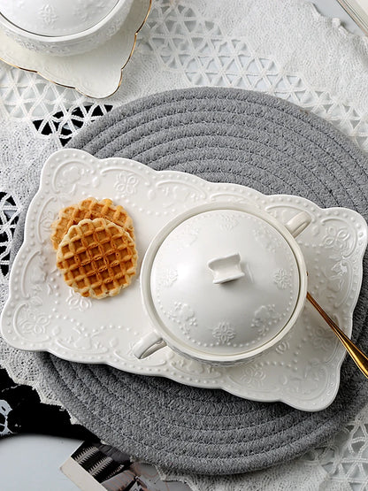 Relief dessert bowl, European ceramic bird's nest bowl, soup bowl, egg custard, microwave oven lid, steamed egg bowl, stew bowl