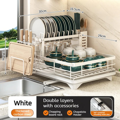 Adjustable Stainless Steel Dish Drying Rack with Drainboard - Over The Sink Plate Organizer, Kitchen
