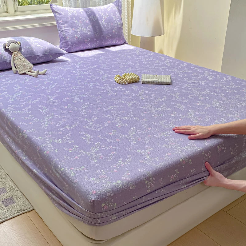 Double Yarn Pure Cotton Fitted Sheet, Soft Comfy Floral Printed Mattress Protector, Grade A Skin Friendly Elastic Bed Sheet