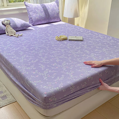 Double Yarn Pure Cotton Fitted Sheet, Soft Comfy Floral Printed Mattress Protector, Grade A Skin Friendly Elastic Bed Sheet