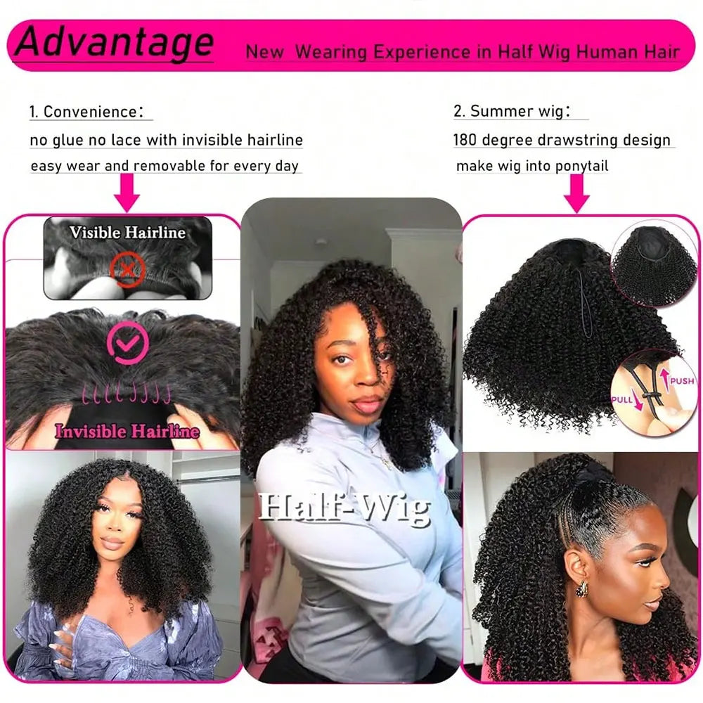 Jerry Curly Half Wig Human Hair Seamless Kinky Curly 3 In 1 Half Wig  Glueless  Heandband Clip In Wig No Sew In Black Color