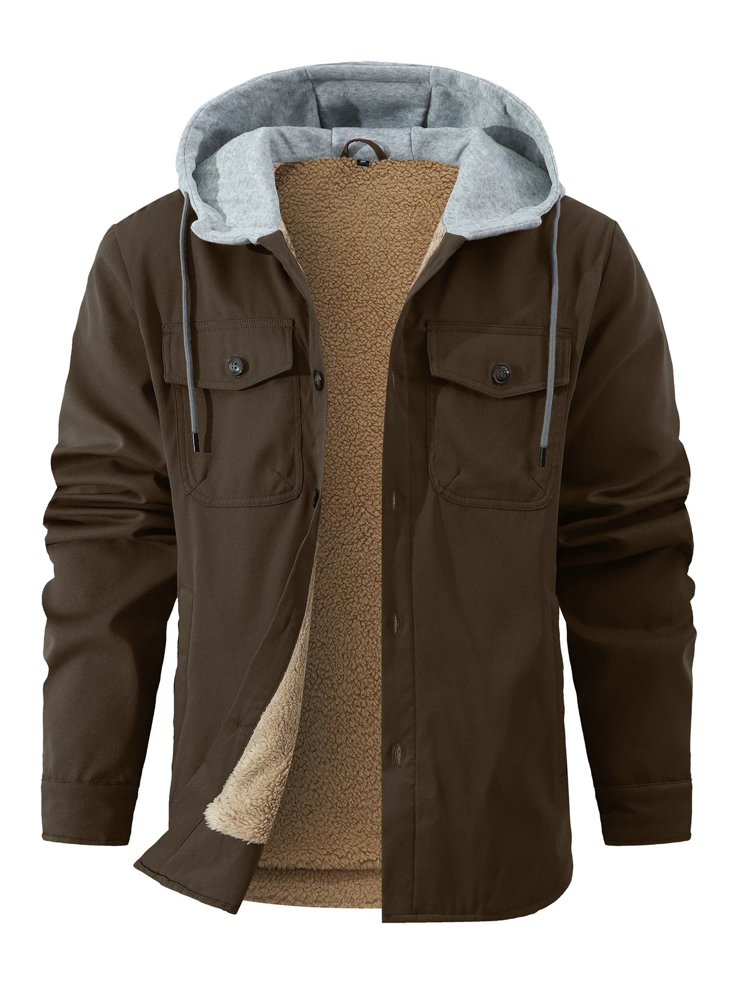 Men's Fleece-Lined Winter Hooded Jacket- Button-Front,  with Dual Chest Pockets,