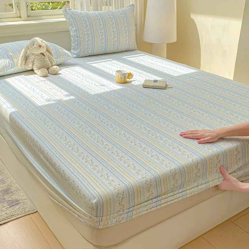 Double Yarn Pure Cotton Fitted Sheet, Soft Comfy Floral Printed Mattress Protector, Grade A Skin Friendly Elastic Bed Sheet