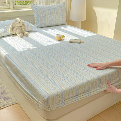 Double Yarn Pure Cotton Fitted Sheet, Soft Comfy Floral Printed Mattress Protector, Grade A Skin Friendly Elastic Bed Sheet