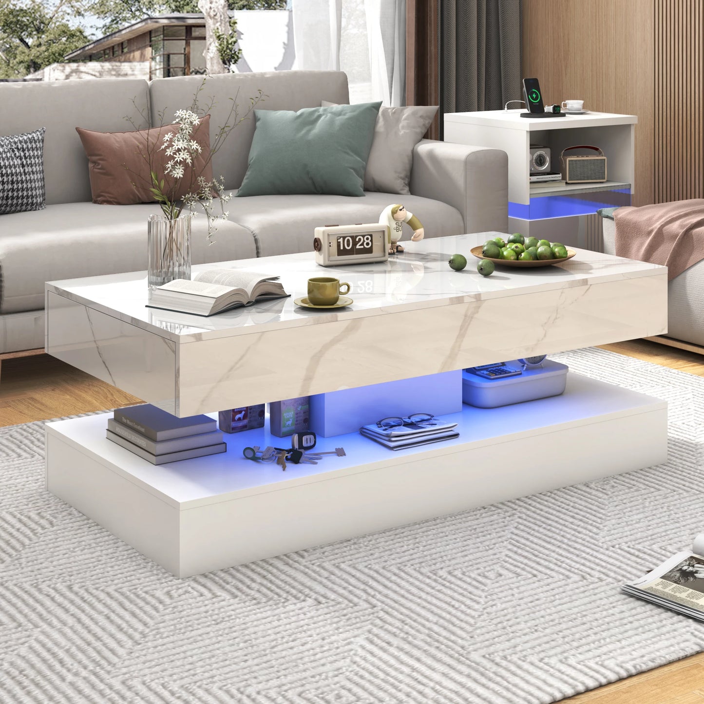 Modern Stylish Coffee Table with LED lights, Double-Layer Design for Living Room, Coffee Table with 2 Storage Drawers