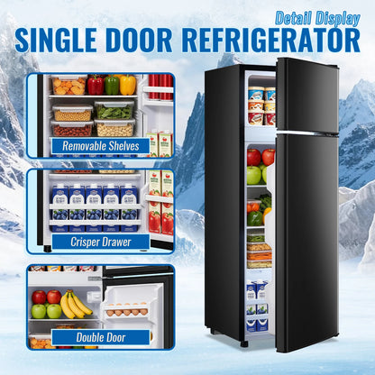Mini Refrigerator with Top Freezer 66 Liter Dual Door, with 7-Level Adjustable Thermostat for Office, BLACK