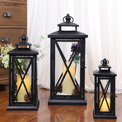 Windproof Lantern Glass Candle Holders, Metal ,Large Black Wedding Modern Design, Moroccan Candlestick, Home Decor