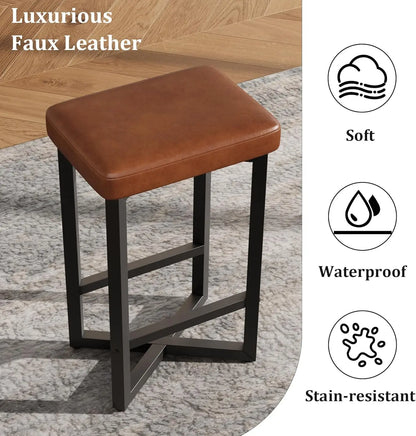2PCS 24" Bar Stools Set, Counter Height Backless Barstools with Metal X-Frame, PU Leather Seats for Home Kitchen Bar Dining Room