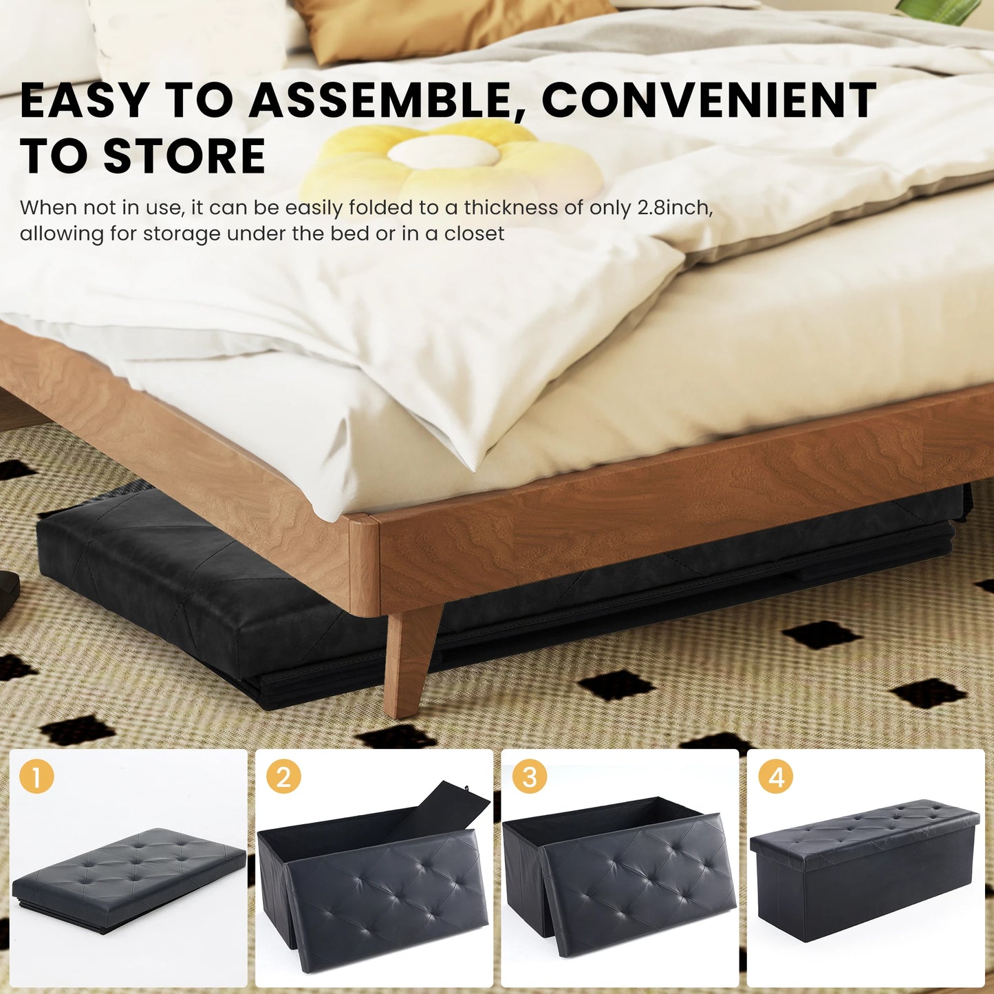 43 Inches Leather Folding Ottoman Storage, Footstool Toy Box,  Bench Load 660 lbs, Foot Rest Stool For Living Room, Storage for Bedroom