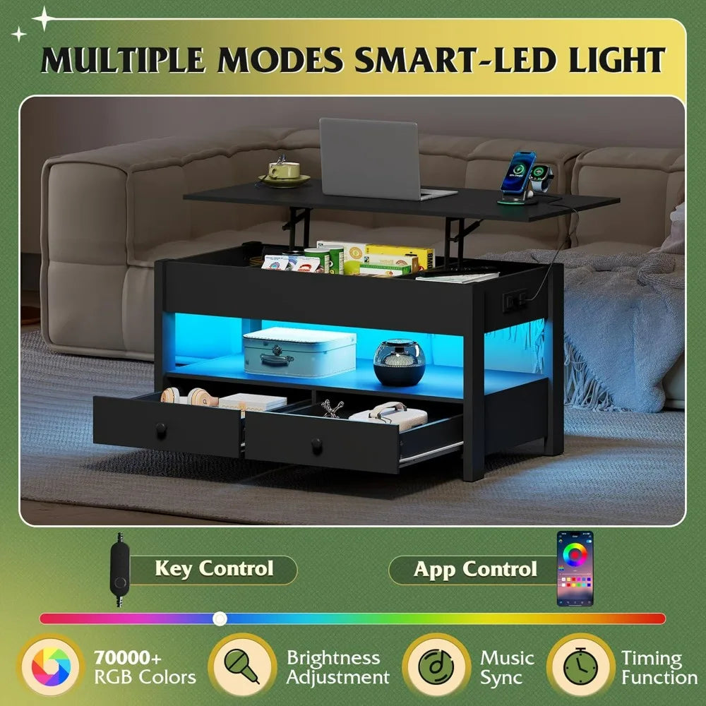 Black Lift Top Coffee Table with 2 Drawers LED Light - Large Storage Open Shelf for Living Room Modern Home Furniture