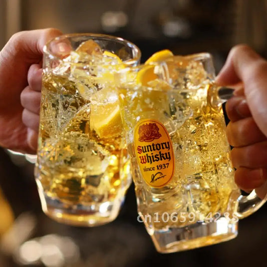 Glass Sunley Beer Mug with High-Footed Carved Flower Design. 401-500ml Capacity Classic Hi-Bang Whiskey Cup