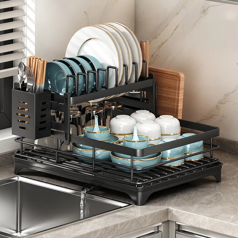Adjustable Stainless Steel Dish Drying Rack with Drainboard - Over The Sink Plate Organizer, Kitchen