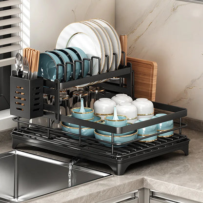 Adjustable Stainless Steel Dish Drying Rack with Drainboard - Over The Sink Plate Organizer, Kitchen