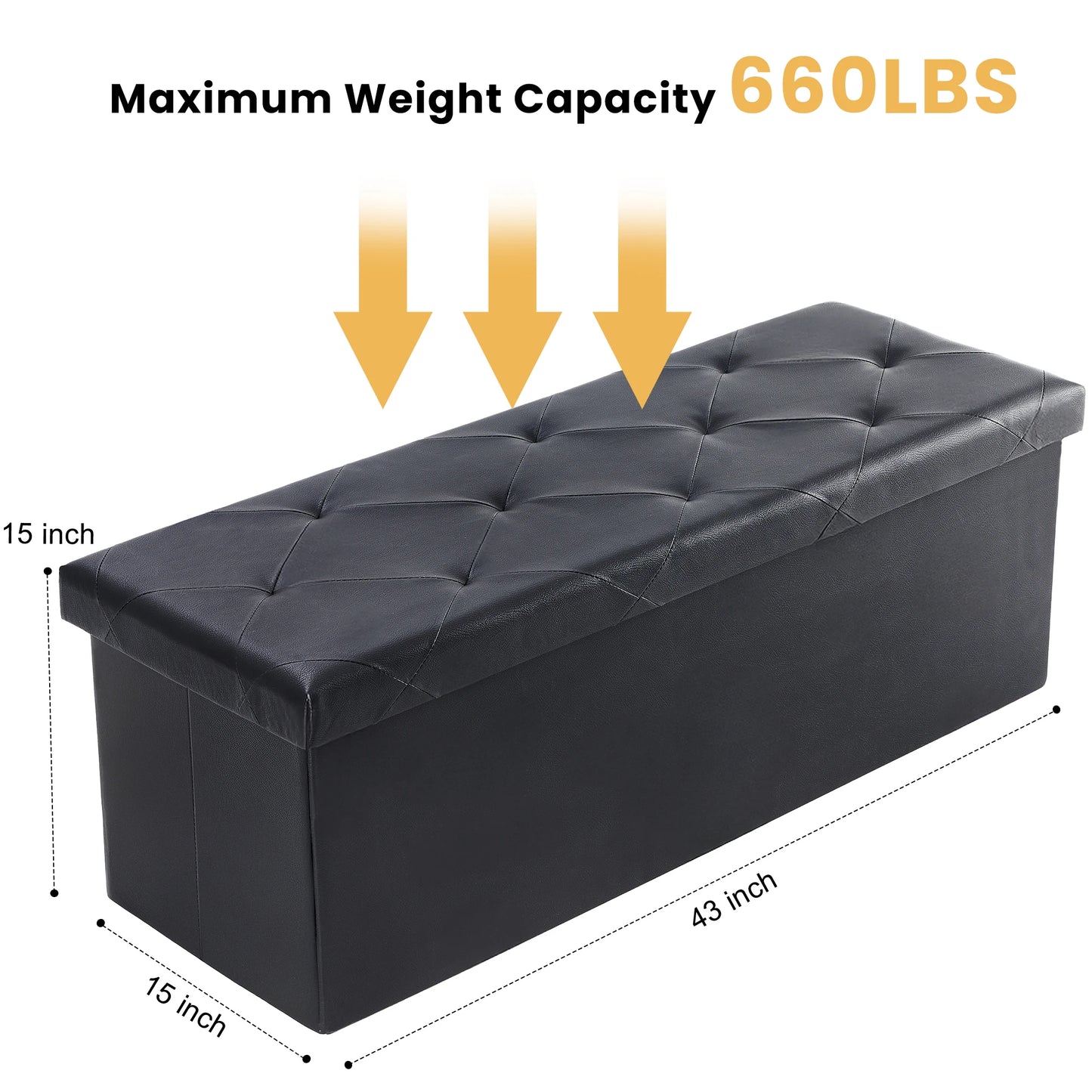 43 Inches Leather Folding Ottoman Storage, Footstool Toy Box,  Bench Load 660 lbs, Foot Rest Stool For Living Room, Storage for Bedroom