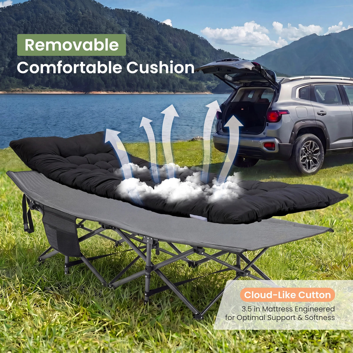 Folding Camping Beach Lounge Chair, Portable 3.5'' Cushion, 440 lbs Sturdy Frame Compact Carry With Storage Bed for Outdoor