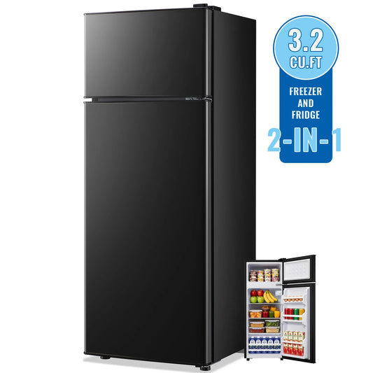 Mini Refrigerator with Top Freezer 66 Liter Dual Door, with 7-Level Adjustable Thermostat for Office, BLACK